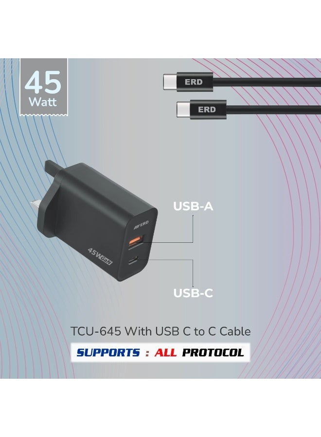 ERD شاحن سريع ERD TCU-645 بقوة 45 واط - منفذين USB-A و USB-C مع كابل C إلى C | شحن سريع متعدد الأجهزة | أسود | 45 واط - Image 1